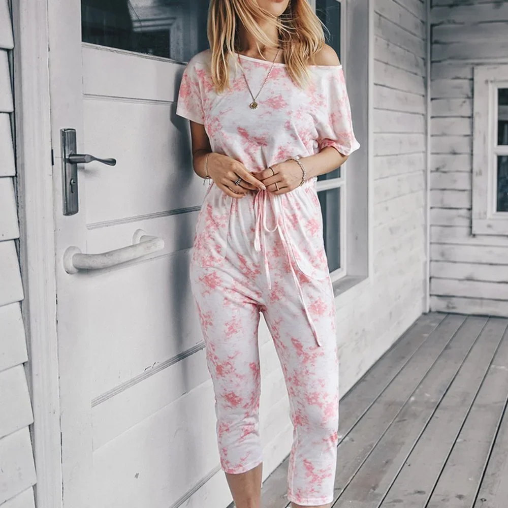 Tie Dye Loungewear Drawstring Casual Jumpsuit Pajamas - Picture 2 of 4